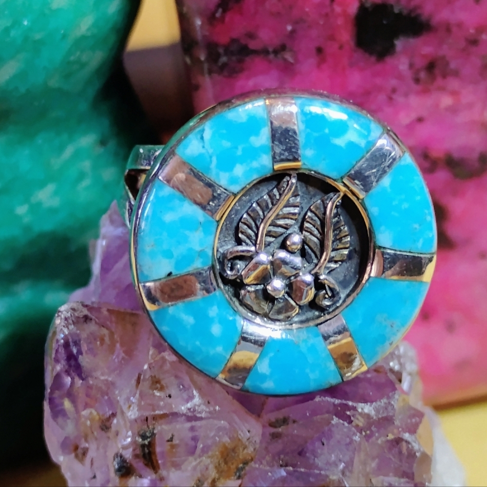 ⭐SANTA FE⭐                      MOJAVE TURQUOISE *INLAY* STERLING RING. SIZE-11 - Picture 2 of 12